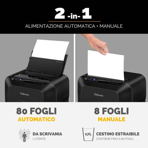 Distruggidocumenti automatico AutoMax 80M - P-4 - 17 L - taglio a microframmenti 4x12 mm Fellowes nero